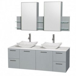 60 inch Double Bathroom Vanity in Dove Gray, White Man-Made Stone Countertop, Avalon White Carrera Marble Sinks, and Medicine C