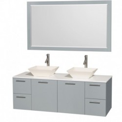 60 inch Double Bathroom Vanity in Dove Gray, White Man-Made Stone Countertop, Pyra Bone Porcelain Sinks, and 58 inch Mirror