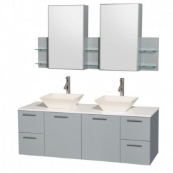 60 inch Double Bathroom Vanity in Dove Gray, White Man-Made Stone Countertop, Pyra Bone Porcelain Sinks, and Medicine Cabinet