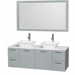 60 inch Double Bathroom Vanity in Dove Gray, White Man-Made Stone Countertop, Pyra White Porcelain Sinks, and 58 inch Mirror