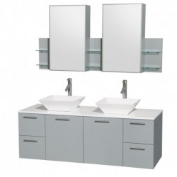 60 inch Double Bathroom Vanity in Dove Gray, White Man-Made Stone Countertop, Pyra White Porcelain Sinks, and Medicine Cabinet
