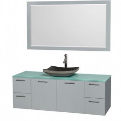 60 inch Single Bathroom Vanity in Dove Gray, Green Glass Countertop, Altair Black Granite Sink, and 58 inch Mirror