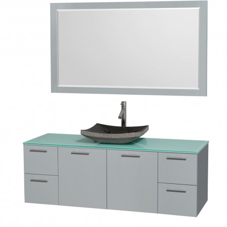 60 inch Single Bathroom Vanity in Dove Gray, Green Glass Countertop, Altair Black Granite Sink, and 58 inch Mirror