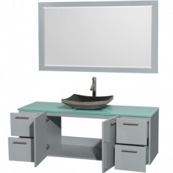 60 inch Single Bathroom Vanity in Dove Gray, Green Glass Countertop, Altair Black Granite Sink, and 58 inch Mirror