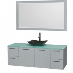 60 inch Single Bathroom Vanity in Dove Gray, Green Glass Countertop, Arista Black Granite Sink, and 58 inch Mirror