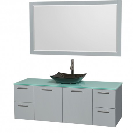60 inch Single Bathroom Vanity in Dove Gray, Green Glass Countertop, Arista Black Granite Sink, and 58 inch Mirror