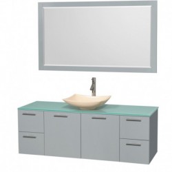 60 inch Single Bathroom Vanity in Dove Gray, Green Glass Countertop, Arista Ivory Marble Sink, and 58 inch Mirror