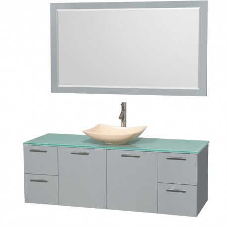 60 inch Single Bathroom Vanity in Dove Gray, Green Glass Countertop, Arista Ivory Marble Sink, and 58 inch Mirror