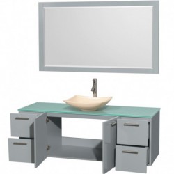60 inch Single Bathroom Vanity in Dove Gray, Green Glass Countertop, Arista Ivory Marble Sink, and 58 inch Mirror