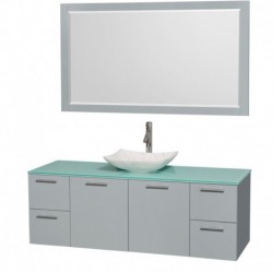 60 inch Single Bathroom Vanity in Dove Gray, Green Glass Countertop, Arista White Carrera Marble Sink, and 58 inch Mirror
