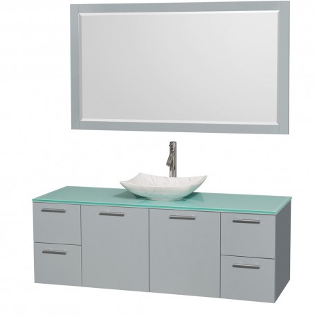 60 inch Single Bathroom Vanity in Dove Gray, Green Glass Countertop, Arista White Carrera Marble Sink, and 58 inch Mirror
