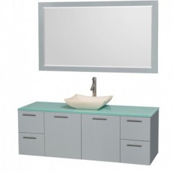 60 inch Single Bathroom Vanity in Dove Gray, Green Glass Countertop, Avalon Ivory Marble Sink, and 58 inch Mirror