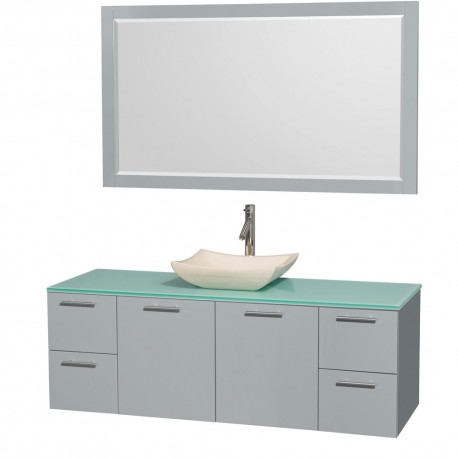 60 inch Single Bathroom Vanity in Dove Gray, Green Glass Countertop, Avalon Ivory Marble Sink, and 58 inch Mirror