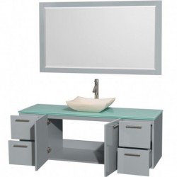60 inch Single Bathroom Vanity in Dove Gray, Green Glass Countertop, Avalon Ivory Marble Sink, and 58 inch Mirror