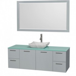 60 inch Single Bathroom Vanity in Dove Gray, Green Glass Countertop, Avalon White Carrera Marble Sink, and 58 inch Mirror