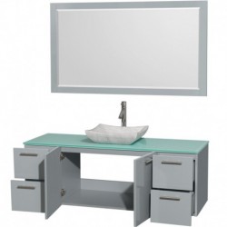 60 inch Single Bathroom Vanity in Dove Gray, Green Glass Countertop, Avalon White Carrera Marble Sink, and 58 inch Mirror