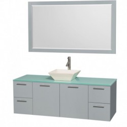 60 inch Single Bathroom Vanity in Dove Gray, Green Glass Countertop, Pyra Bone Porcelain Sink, and 58 inch Mirror