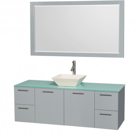 60 inch Single Bathroom Vanity in Dove Gray, Green Glass Countertop, Pyra Bone Porcelain Sink, and 58 inch Mirror