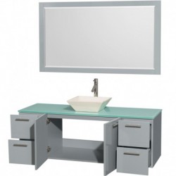 60 inch Single Bathroom Vanity in Dove Gray, Green Glass Countertop, Pyra Bone Porcelain Sink, and 58 inch Mirror