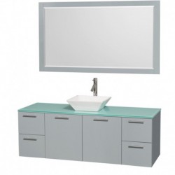 60 inch Single Bathroom Vanity in Dove Gray, Green Glass Countertop, Pyra White Porcelain Sink, and 58 inch Mirror