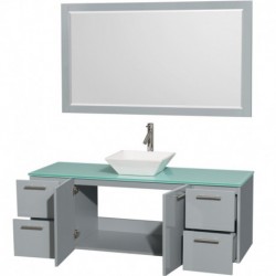 60 inch Single Bathroom Vanity in Dove Gray, Green Glass Countertop, Pyra White Porcelain Sink, and 58 inch Mirror