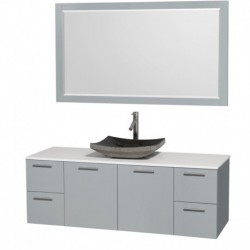 60 inch Single Bathroom Vanity in Dove Gray, White Man-Made Stone Countertop, Altair Black Granite Sink, and 58 inch Mirror