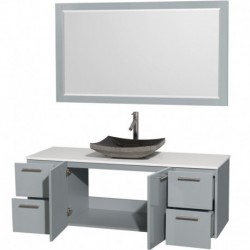 60 inch Single Bathroom Vanity in Dove Gray, White Man-Made Stone Countertop, Altair Black Granite Sink, and 58 inch Mirror