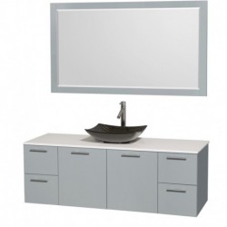 60 inch Single Bathroom Vanity in Dove Gray, White Man-Made Stone Countertop, Arista Black Granite Sink, and 58 inch Mirror