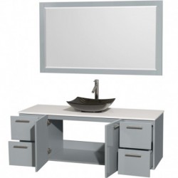 60 inch Single Bathroom Vanity in Dove Gray, White Man-Made Stone Countertop, Arista Black Granite Sink, and 58 inch Mirror