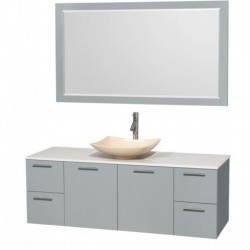 60 inch Single Bathroom Vanity in Dove Gray, White Man-Made Stone Countertop, Arista Ivory Marble Sink, and 58 inch Mirror