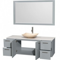 60 inch Single Bathroom Vanity in Dove Gray, White Man-Made Stone Countertop, Arista Ivory Marble Sink, and 58 inch Mirror