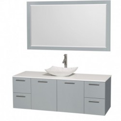 60 inch Single Bathroom Vanity in Dove Gray, White Man-Made Stone Countertop, Arista White Carrera Marble Sink, and 58 inch Mir