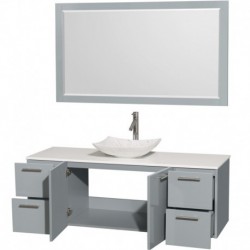 60 inch Single Bathroom Vanity in Dove Gray, White Man-Made Stone Countertop, Arista White Carrera Marble Sink, and 58 inch Mir