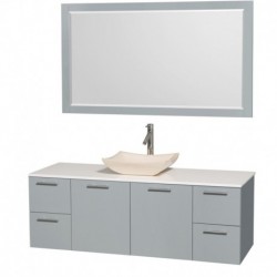 60 inch Single Bathroom Vanity in Dove Gray, White Man-Made Stone Countertop, Avalon Ivory Marble Sink, and 58 inch Mirror