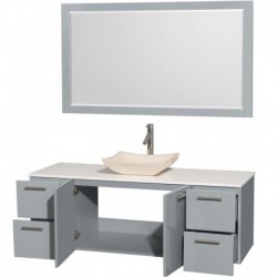 60 inch Single Bathroom Vanity in Dove Gray, White Man-Made Stone Countertop, Avalon Ivory Marble Sink, and 58 inch Mirror