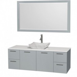 60 inch Single Bathroom Vanity in Dove Gray, White Man-Made Stone Countertop, Avalon White Carrera Marble Sink, and 58 inch Mir