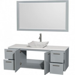 60 inch Single Bathroom Vanity in Dove Gray, White Man-Made Stone Countertop, Avalon White Carrera Marble Sink, and 58 inch Mir