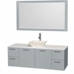 60 inch Single Bathroom Vanity in Dove Gray, White Man-Made Stone Countertop, Pyra Bone Porcelain Sink, and 58 inch Mirror