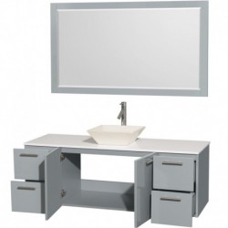 60 inch Single Bathroom Vanity in Dove Gray, White Man-Made Stone Countertop, Pyra Bone Porcelain Sink, and 58 inch Mirror