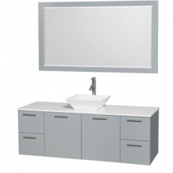 60 inch Single Bathroom Vanity in Dove Gray, White Man-Made Stone Countertop, Pyra White Porcelain Sink, and 58 inch Mirror