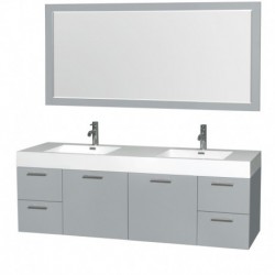 72 inch Double Bathroom Vanity in Dove Gray, Acrylic Resin Countertop, Integrated Sinks, and 70 inch Mirror