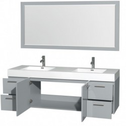 72 inch Double Bathroom Vanity in Dove Gray, Acrylic Resin Countertop, Integrated Sinks, and 70 inch Mirror