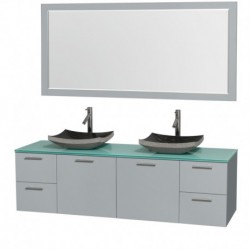 72 inch Double Bathroom Vanity in Dove Gray, Green Glass Countertop, Altair Black Granite Sinks, and 70 inch Mirror