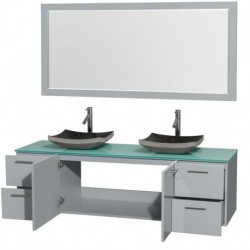 72 inch Double Bathroom Vanity in Dove Gray, Green Glass Countertop, Altair Black Granite Sinks, and 70 inch Mirror