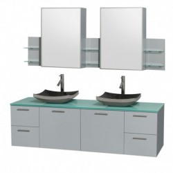 72 inch Double Bathroom Vanity in Dove Gray, Green Glass Countertop, Altair Black Granite Sinks, and Medicine Cabinet