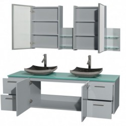 72 inch Double Bathroom Vanity in Dove Gray, Green Glass Countertop, Altair Black Granite Sinks, and Medicine Cabinet