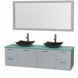 72 inch Double Bathroom Vanity in Dove Gray, Green Glass Countertop, Arista Black Granite Sinks, and 70 inch Mirror