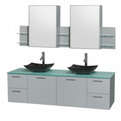 72 inch Double Bathroom Vanity in Dove Gray, Green Glass Countertop, Arista Black Granite Sinks, and Medicine Cabinet