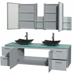 72 inch Double Bathroom Vanity in Dove Gray, Green Glass Countertop, Arista Black Granite Sinks, and Medicine Cabinet