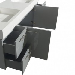 72 inch Double Bathroom Vanity in Dove Gray, Green Glass Countertop, Arista Black Granite Sinks, and Medicine Cabinet